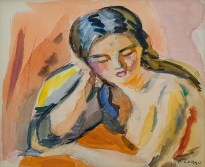 l'image d'un tableau représentant une femme assise sur un canapé