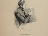 drawing of a man sitting at a table with a glass of wine