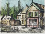 dessin représentant une scène de rue avec des bâtiments et une clôture au premier plan