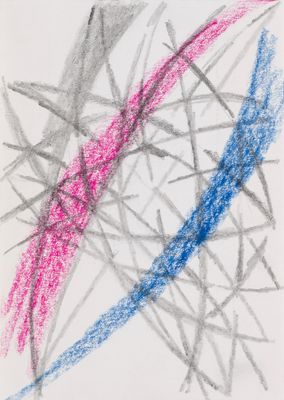 dessin au crayon représentant un motif abstrait rose, bleu et gris sur une feuille blanche