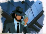 cartoon of a man in a suit and hat talking on a cell phone
