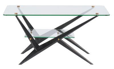 a glass coffee table with black legs and a glass top