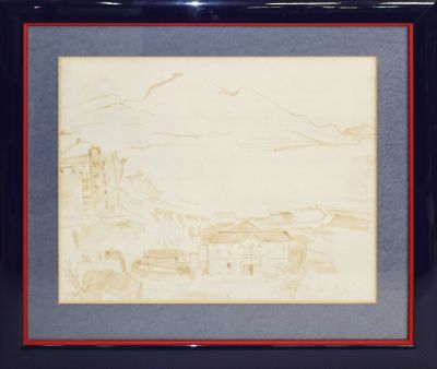 dessin représentant une vue d'une ville avec une montagne en arrière-plan