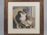 painting of a woman reading a book with a dog sitting beside her