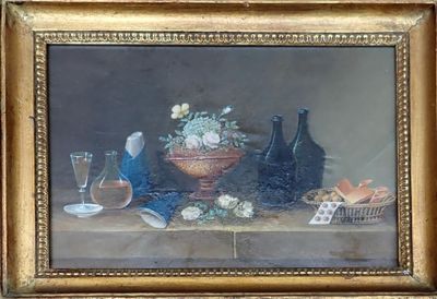 une peinture représentant une nature morte avec un vase de fleurs posé sur une table