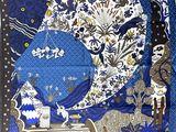 une photo d'une écharpe bleue et blanche ornée d'un motif représentant des animaux