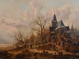 painting of a winter landscape with a church in the foreground