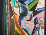 tableau représentant une femme en robe verte et un vase de fleurs