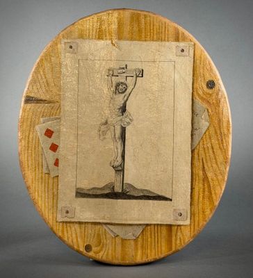 an image of a picture of a man on a cross on a wooden plaque