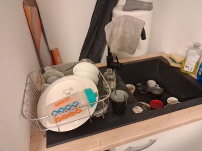 a sink that has a lot of dishes in it