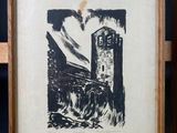 an image of a black and white drawing of a lighthouse in a wooden frame