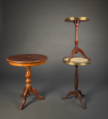 pair of antique side tables on pedestals with wooden bases