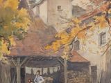 painting of a woman and child walking down a path in front of a house