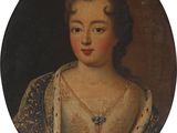 Portrait d'une dame en robe blanche, avec une robe bleue et dorée
