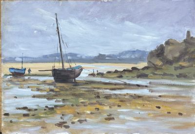 un tableau représentant un bateau amarré sur le rivage