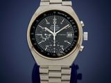 a close up of a watch with a black face on a blue background