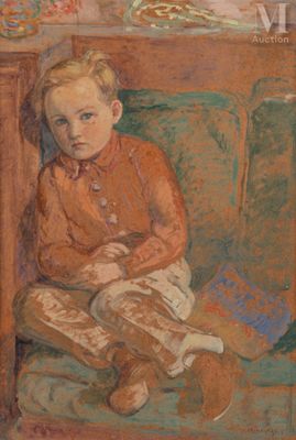 an image of a painting of a little boy sitting on a couch