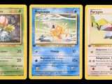four pokemon cards are shown in a row on a black background