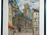 a picture of a painting of a church on the street