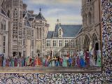 a painting of a group of people standing in front of a building