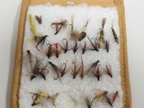 many different flies in a case on a white surface