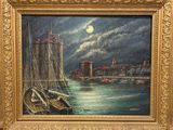 an oil painting of boats in a harbor with a castle in the background