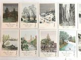 many pictures of different landscapes displayed on the wall