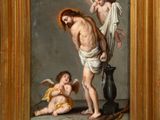 an image of a painting of a man on the cross with a child