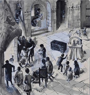 painting of a group of people sitting around a table in a courtyard