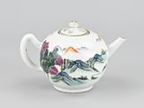an image of a teapot with a mountain scene painted on it