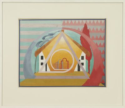 un tableau représentant une église avec une porte rouge au centre