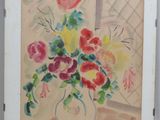 a painting of flowers in a vase on a table