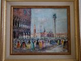 une peinture à l'huile représentant une scène urbaine avec une tour horloge en arrière-plan