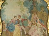 painting of a group of people sitting in a park with trees in the background