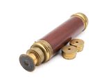 an old telescope with a wooden case and brass fittings on a white background