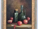 painting of a still life of apples and a jug on a table