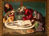 painting of jesus on the cross with other people surrounding him