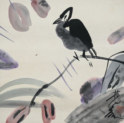 un tableau représentant un oiseau perché sur une branche d'arbre