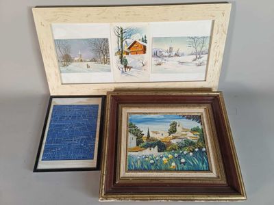 deux tableaux encadrés représentant un paysage hivernal, présentés dans une boîte en bois