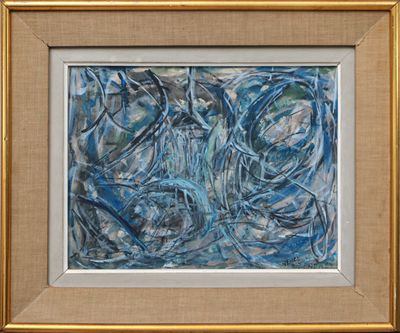 abstract painting of blue and white swirls in a gold frame