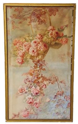 peinture représentant un panier de fleurs sur une tenture accrochée au mur
