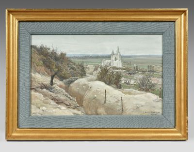 an oil painting of a view of a castle on a hill