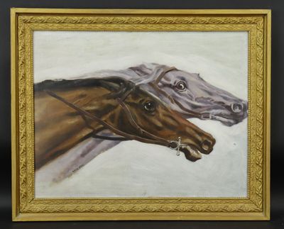 tableau représentant deux chevaux, dans un cadre doré sur fond noir