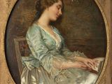 painting of a woman in a blue dress sitting at a table