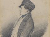 an old drawing of a man in a hat and jacket