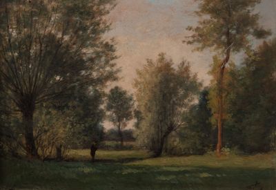 un tableau représentant une vache dans un champ, avec des arbres en arrière-plan