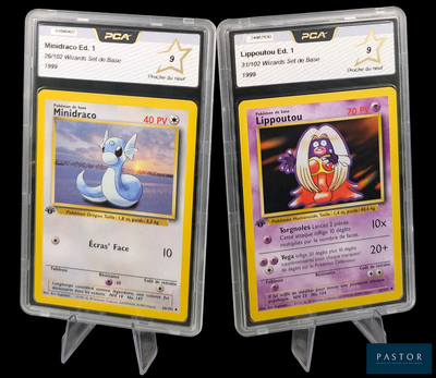 deux cartes Pokémon dans des pochettes en plastique sur un fond noir