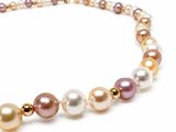 un gros plan d'un collier orné de perles multicolores sur fond blanc