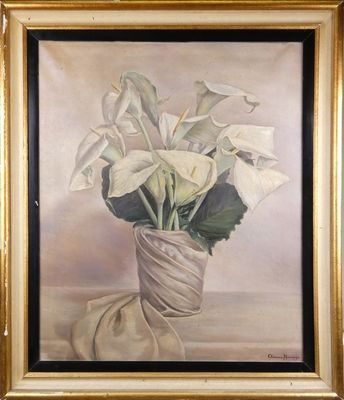 une peinture de fleurs dans un vase sur une table