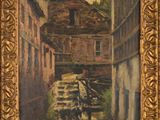 une peinture à l'huile représentant une scène de rue avec des bâtiments et un moulin à eau